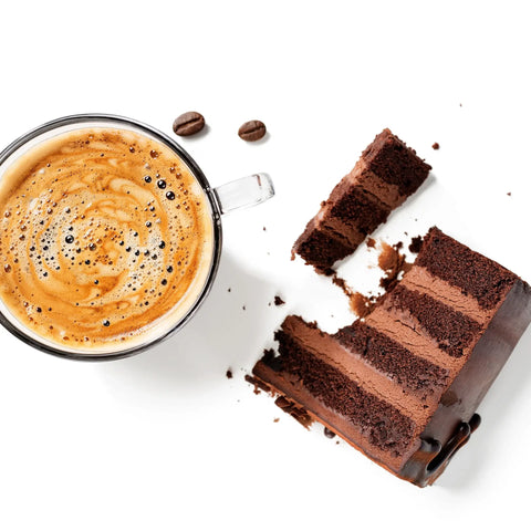 A chocolate birthday cake with an Americano coffee.