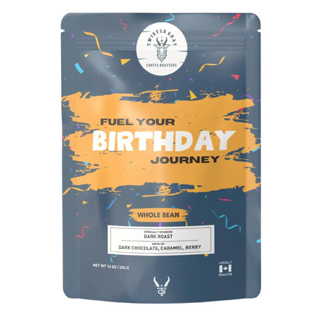 Front view of a coffee bag for a Birthday.