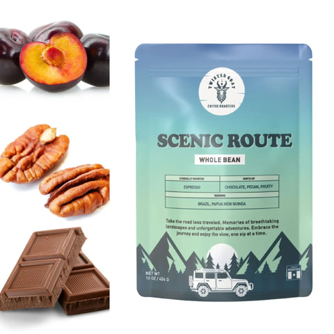 Tasting notes of Scenic Route Espresso beans shown; plum, walnut and milk chocolate.
