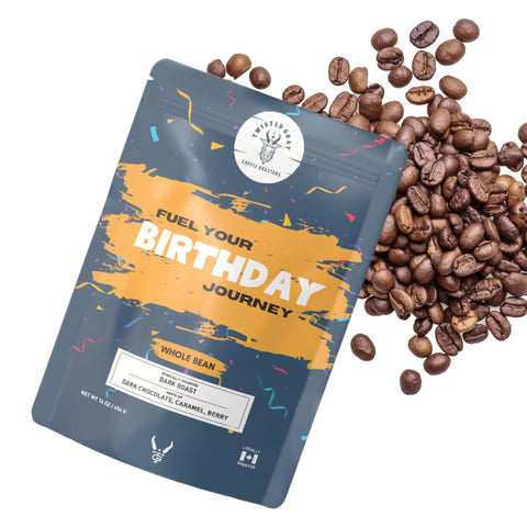 A bag of coffee for a birthday shown with coffee bean spilling out.