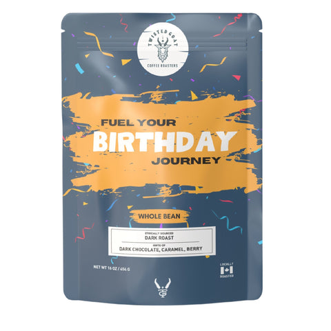 Front view of a birthday coffee card containing dark roast coffee.