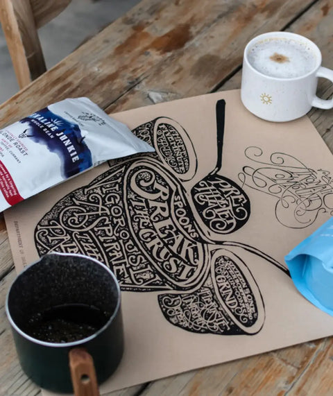 coffee bags on an artistic coffee illustration