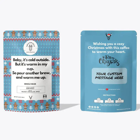 A front and back view of a Christmas coffee gift bag.