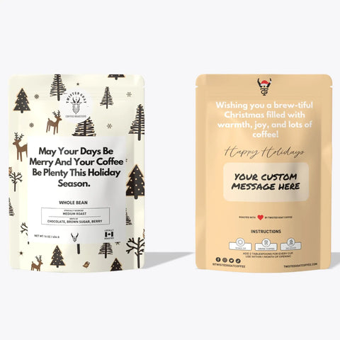 A front and back view of a Christmas coffee gift bag.