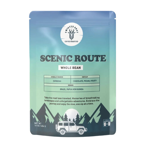 A bag of Espresso Beans called Scenic Route By Twisted Goat Coffee.