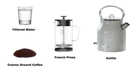 A layout of equipment needed to make French press coffee.