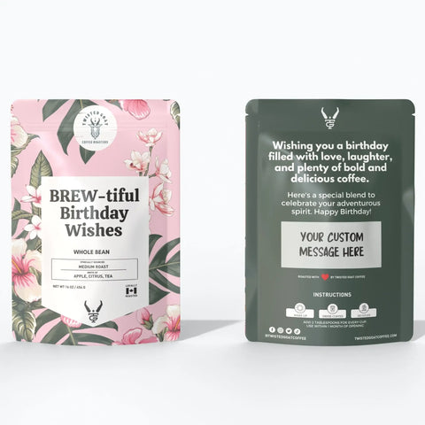 A front and back view of a birthday coffee gift bag.