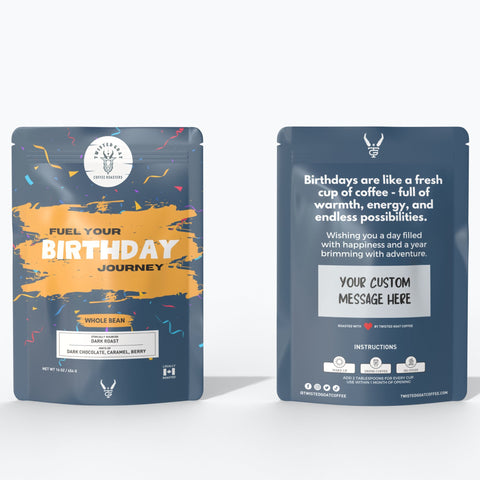A front and back view of a gift for coffee lovers that contains freshly roasted coffee.