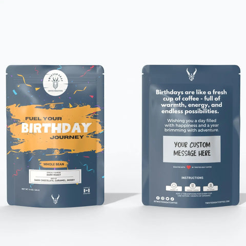 A front and back view of a birthday gift coffee gift bag.